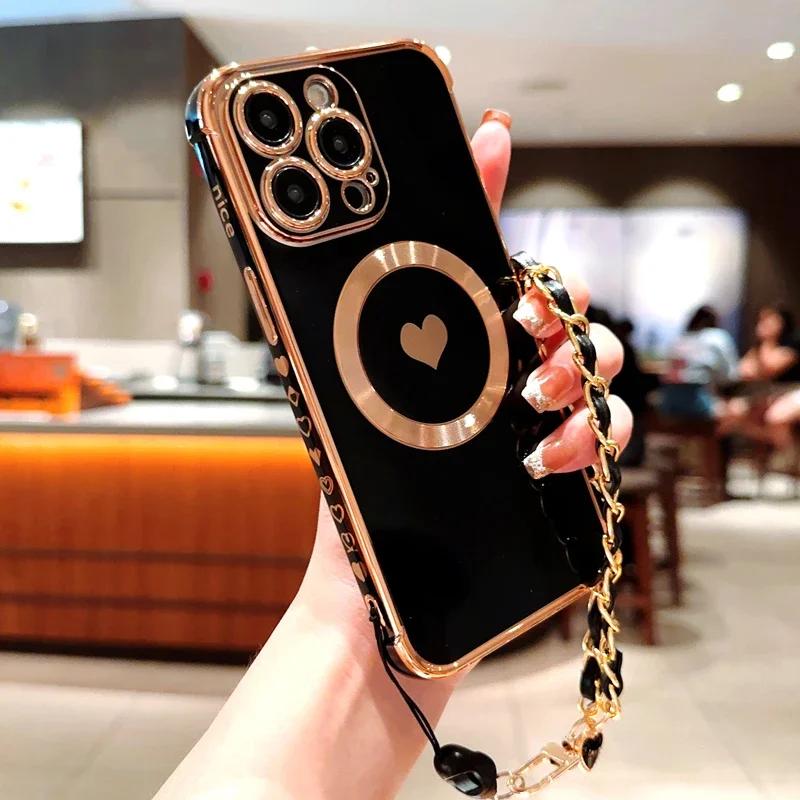 Plating TPU Case For iPhone 17 16 15 14 13 12 Pro Max Plus Air 16Pro 15Pro 14Pro for Magsafe Charge Wrist Lanyard Bracelet Cover