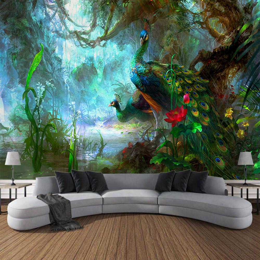 Tapestry Wall Hanging, Peacocks, Flowers, Forests, Bohemia, Aesthetics, Room Decoration, Wall Decoration, Blankets, Bed Sheets