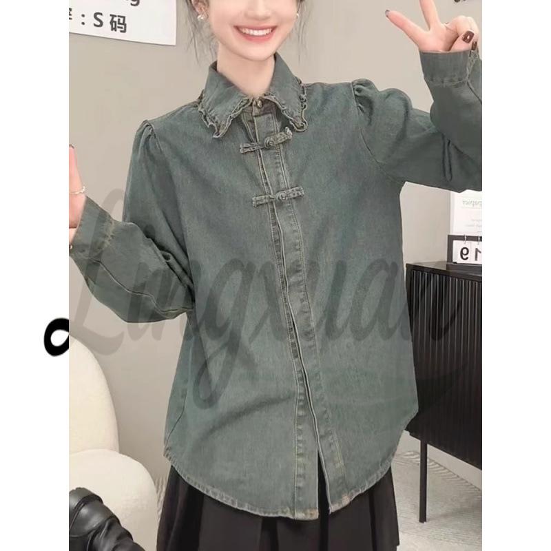 2026 Retro Frog Button Denim Shirt: Versatile Chinese Style for Spring/Autumn M светло-синий