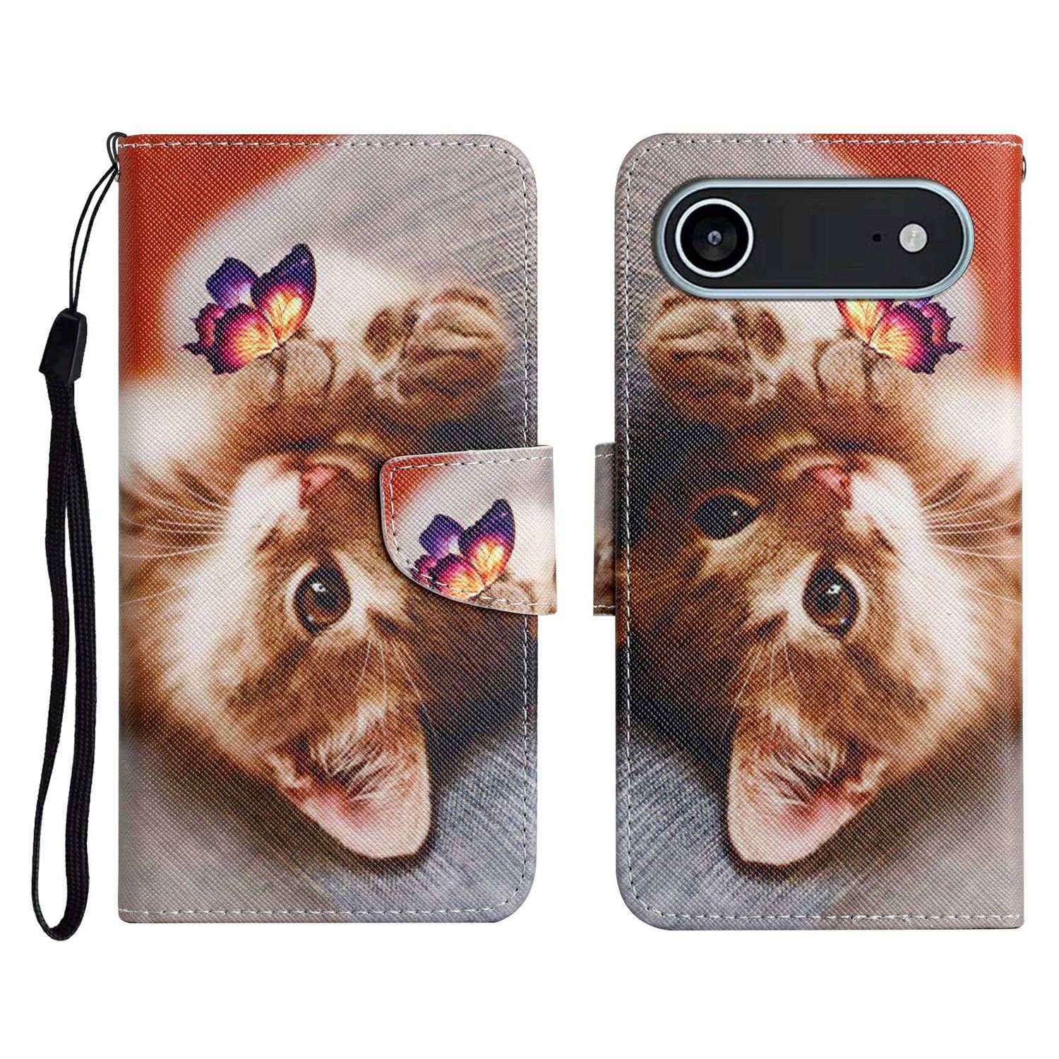 

For iPhone 17 Air Case Pattern Printing Protective Leather Folio Phone Cover with Wrist Strap Butterfly Cat