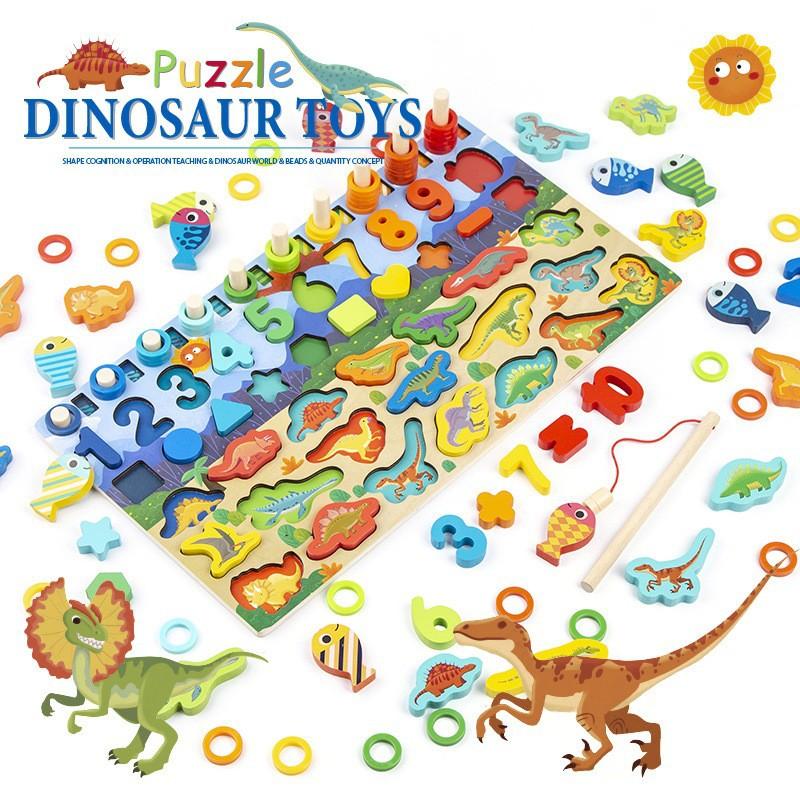 Wooden cartoon dinosaur fishing logarithmic board shape matching digital puzzle building block cognitive baby enlightenment toy