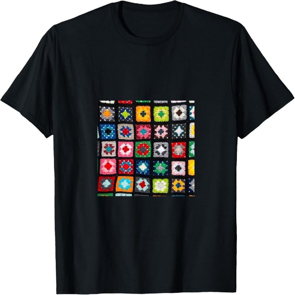 

Black Colorful Crocheted Granny Square pattern T-Shirt XXXXXL чорний
