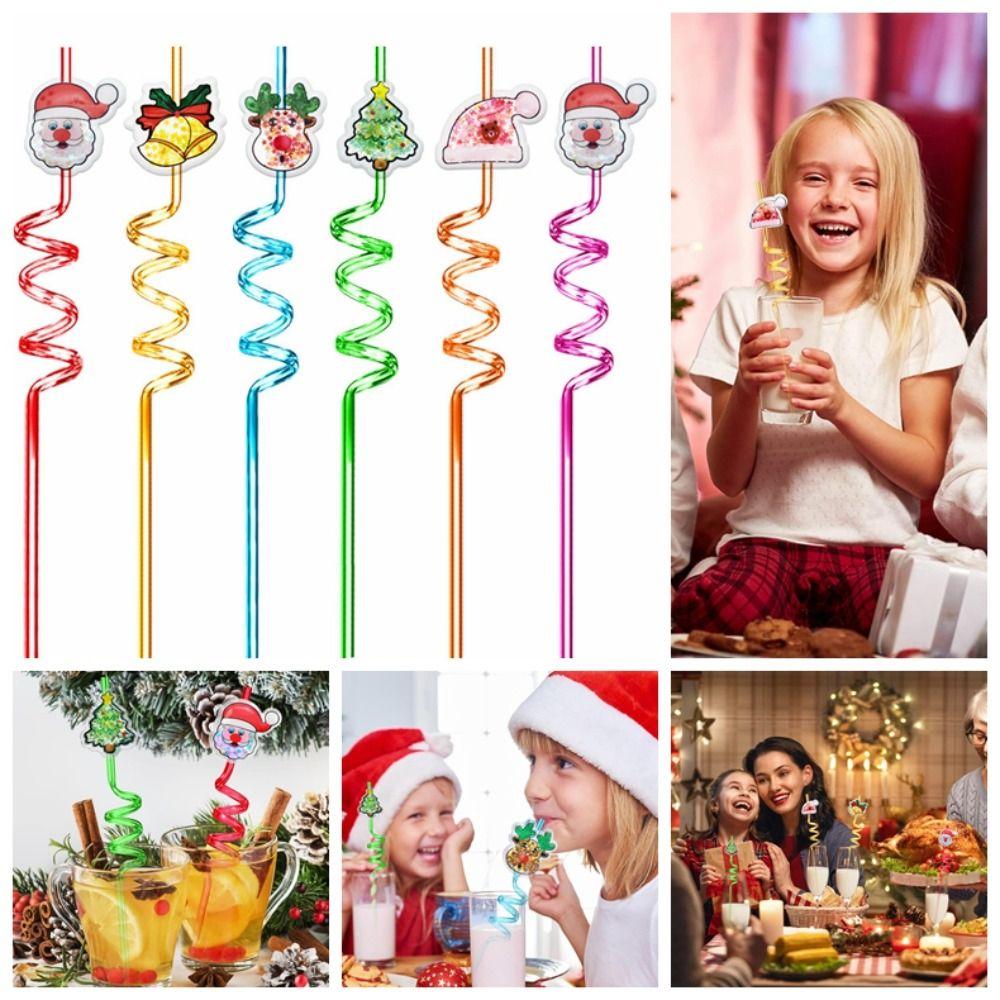 

6pcs Santa Claus Snowman Christmas Spiral Straw Food Grade Christmas Party Supplies Christmas
