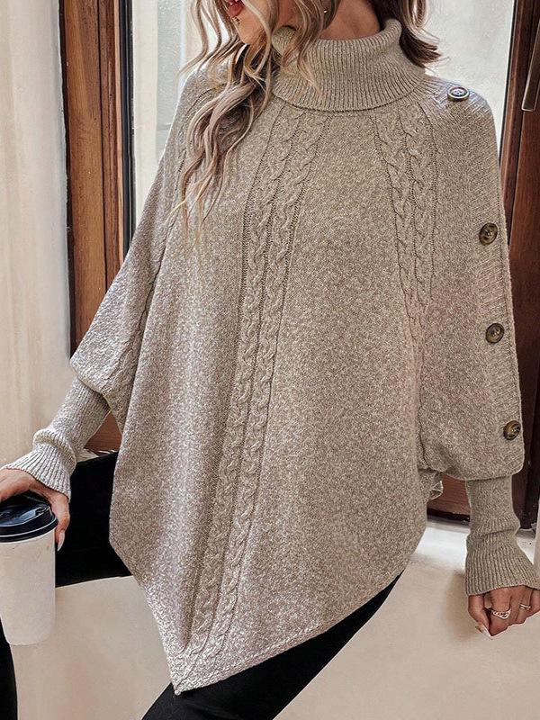European & American High Neck Button Cable Knit Batwing Sweater for Women - Autumn/Winter Fashion