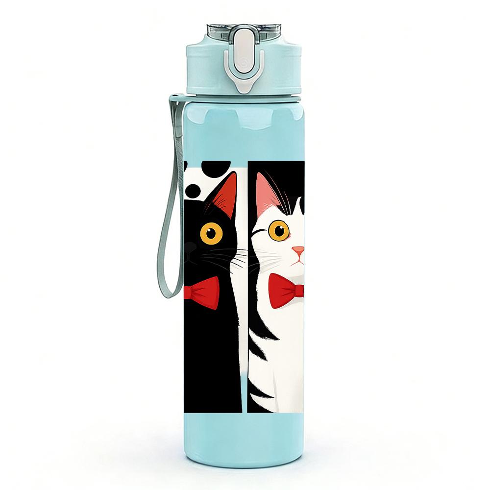 1PC Two Cats Bow Tie Bust 750ml Color Plastic Sports Water Bottle Leakproof Flip Straw Lid For Sports Office Home Use