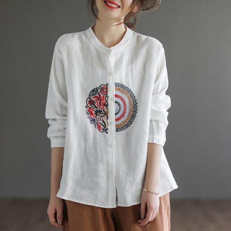 Women Vintage Embroidery Button Up Shirts Elegant Stand Collar Cotton Linen Blouses Casual Long Sleeve Oversized Irregular Tops