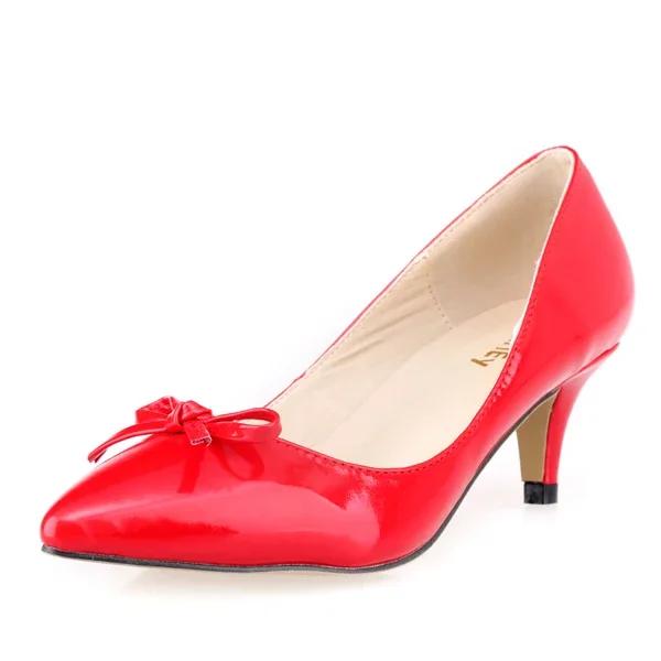 New Women Pumps Sexy 5cm Low Heels Kitten Patent Leather Pointed Toe High Heels Office Work Pumps Bowknot Red Wedding Shoes