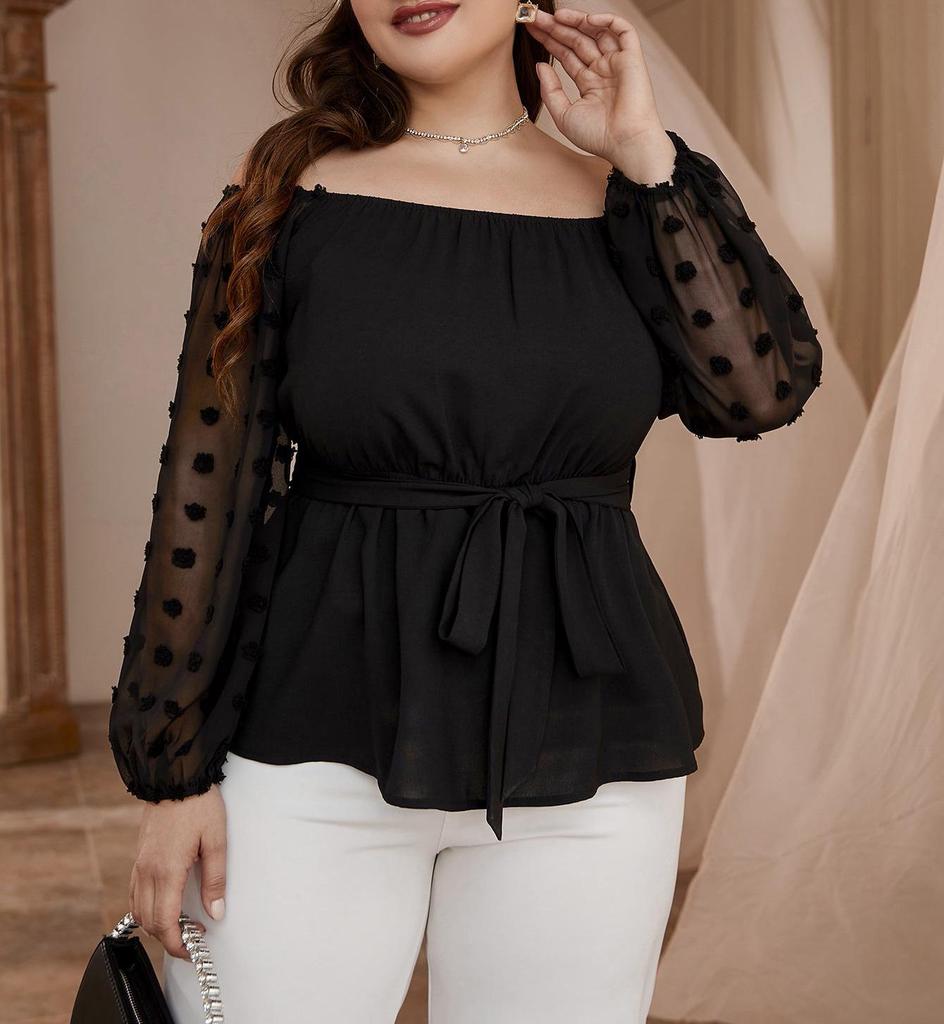 Plus Size Women's Elastic Waist One-Shoulder Long-Sleeve Shirt - Spring/Autumn Age-Reducing Style