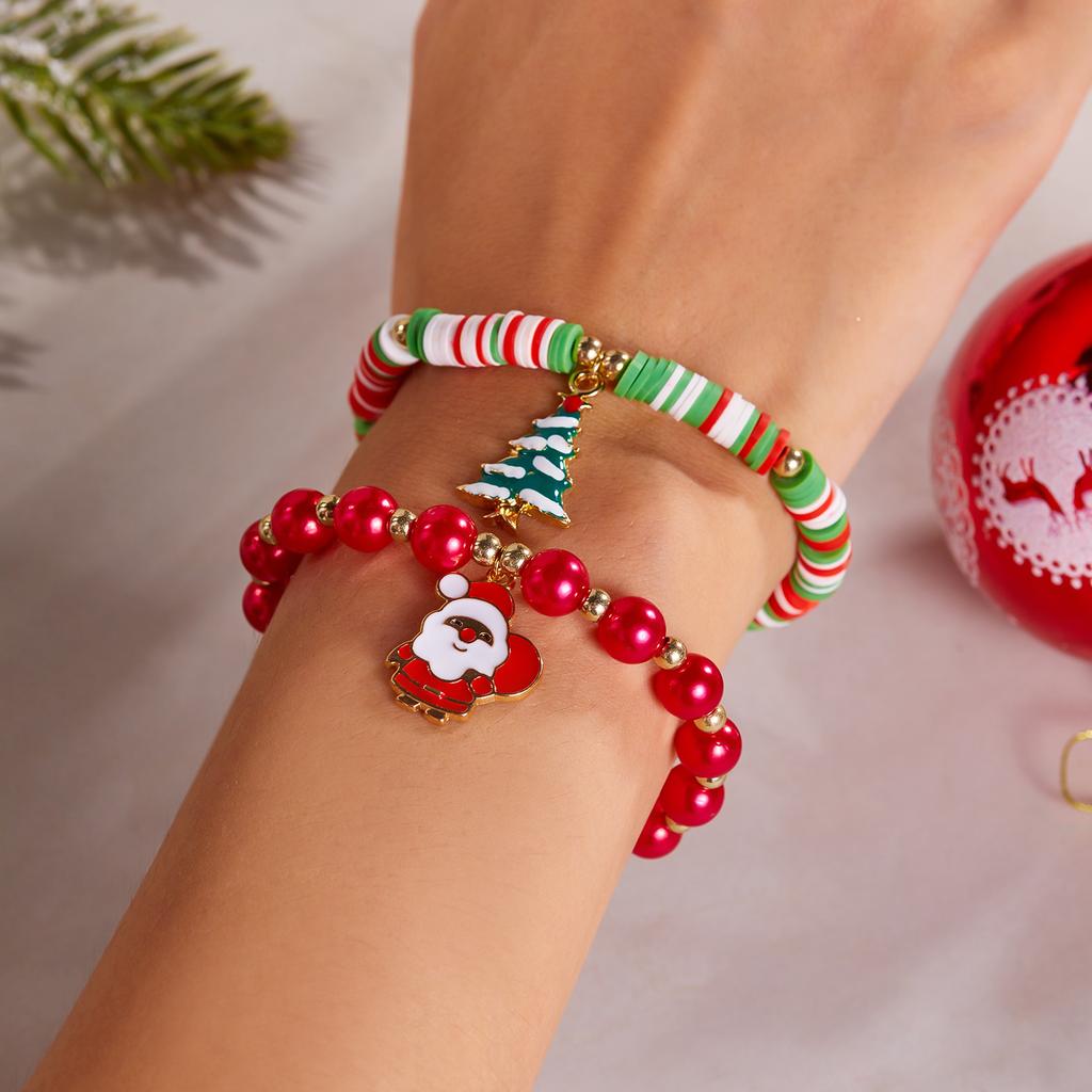 2Pcs Christmas Tree Colorful Snowflake Snowman Bell Charms Beads Bracelet for Women Crystal Bracelets Party Jewelry Gifts