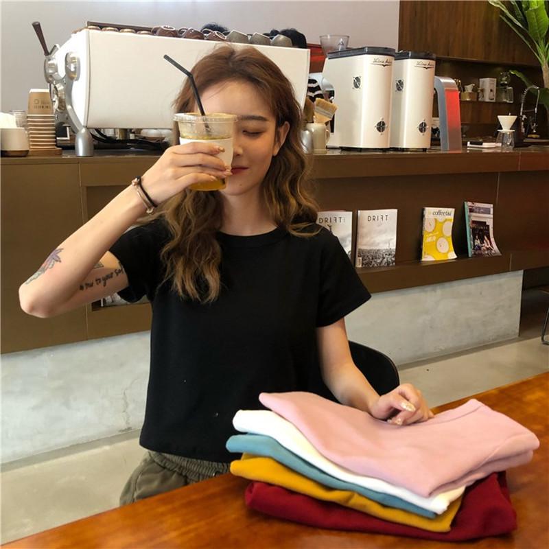 

Women s Slim Fit Solid Color Crop Top - Short Sleeve Korean Style L белый