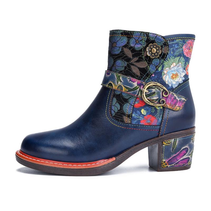 Johnature Vintage Floral High Heeled Women's Boots Genuine Leather Shoes Hand-painted Belt Buckle Fashion Short Boots