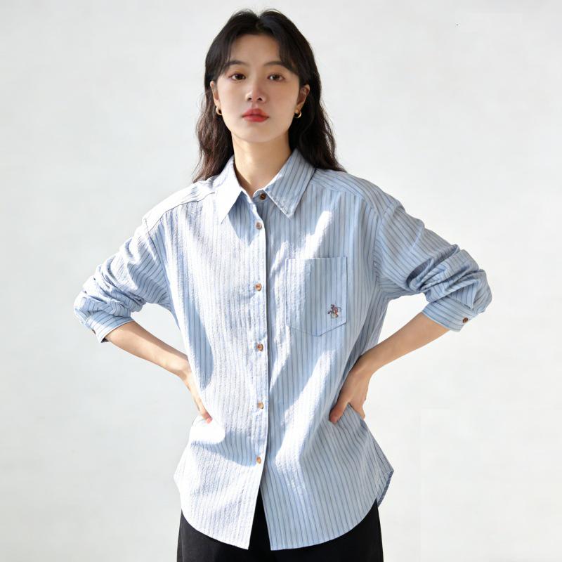Korean Style Blue Striped Embroidered Long Sleeve Shirt for Women - Trendy Spring/Autumn Layering