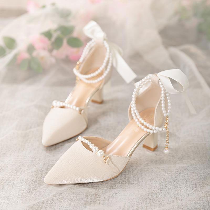 Sandals for Women Square Heels Pointed Toe Woman Shoes Medium Pearl Vip Footwear New Breathable Fashion Original Luxury 2025 Pvc