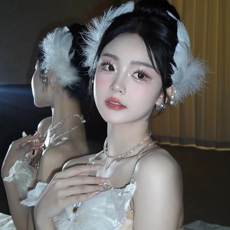 White Swan Feather Faux Pearl Hairpin Headwear Ballet Style Stage Performance Side Clip Girl Party Hair Accessories Gifts