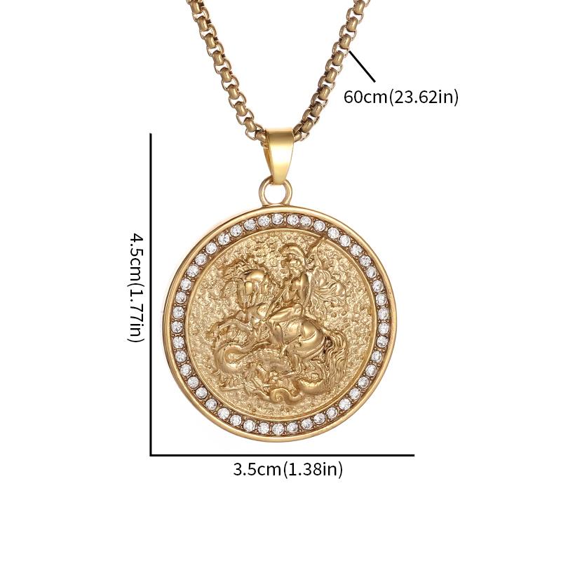 Classic Knight Pattern Engraved Zircon Inlaid Medal Pendant Necklace Fashion Rock Hip Hop Party Jewelry for Men