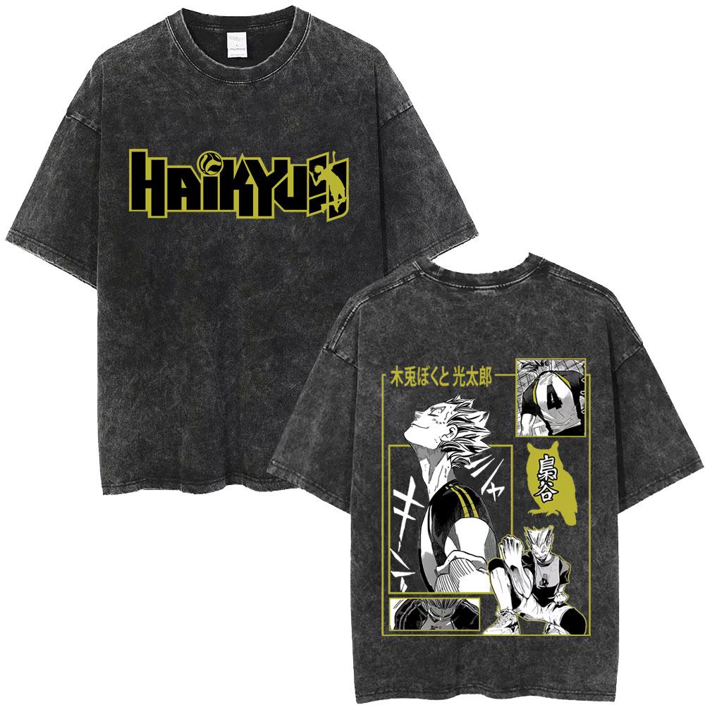 Gewaschenes Vintage Anime Haikyuu KARASUNO Merch T-Shirt Herren Cartoon Manga Oversized T-Shirt Herren Sommer Lässige Kurzarm-T-Shirts