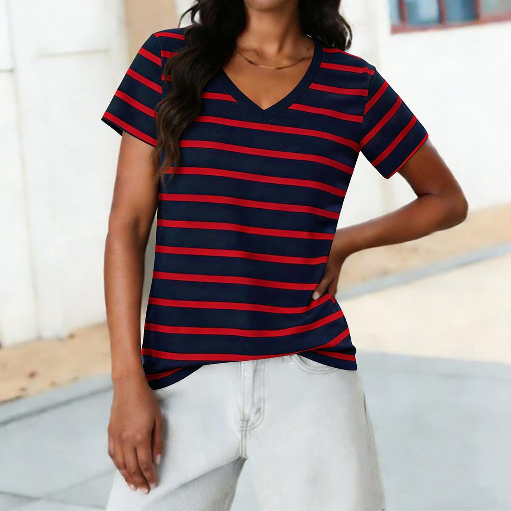 Ladies' Casual Fashion Striped Printed Short Sleeved Shirt