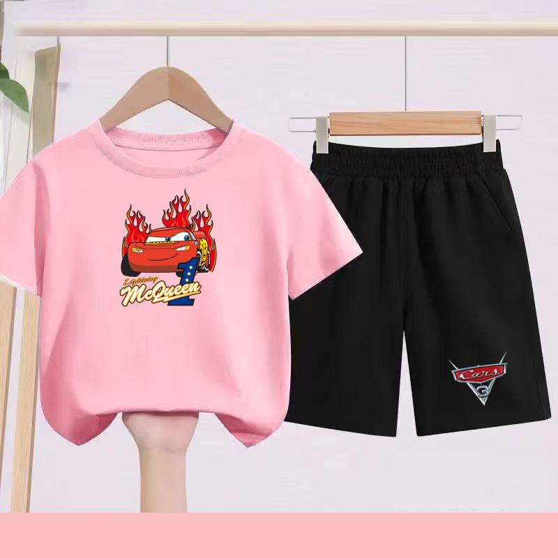 Children Aged 3 to 14 Summer Fashion T-shirt set Children Disney Car Print T-shirt + shorts Girl Boy Casual Tops Toddler Clothes