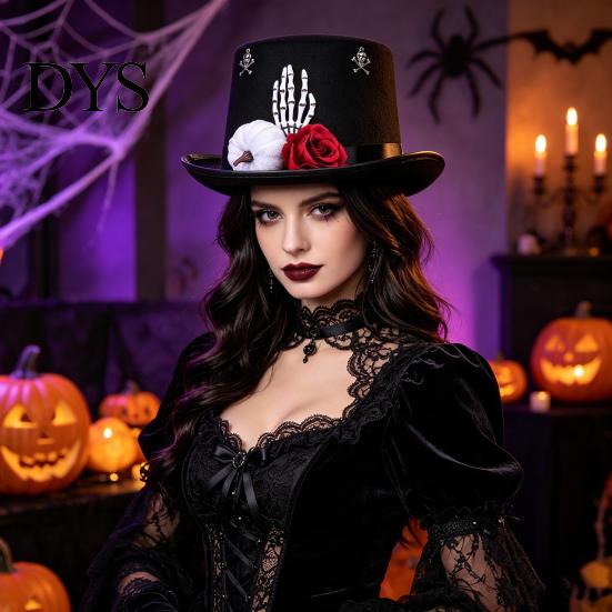 Skull Rose Costume Hat Adults Felt Top for Men Women, Steampunk Halloween Cosplay with Skeleton Makeup Party Decor Hand And Rose, Black Gothic