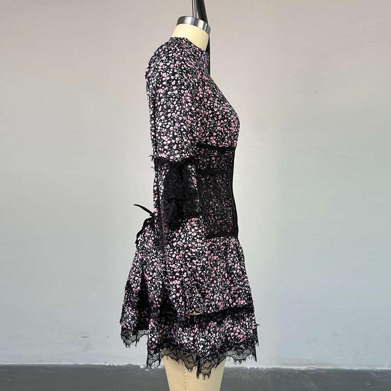 Rochie florală cu mânecă lungă, cu decolteu în V adânc, imprimeu, pentru femei, dantelă, mozaic, talie înaltă, mini rochii subțiri, pentru femei, la modă de stradă, la petrecere, rochie elegantă de vacanță