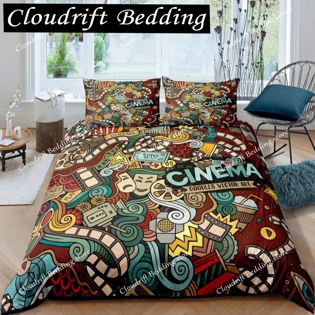 Movie Theater Duvet Cover Set Cinema Ticket Bedding Set Filmstrip Comforter Cover Bedroom Decor Bedspread Cover Full Size