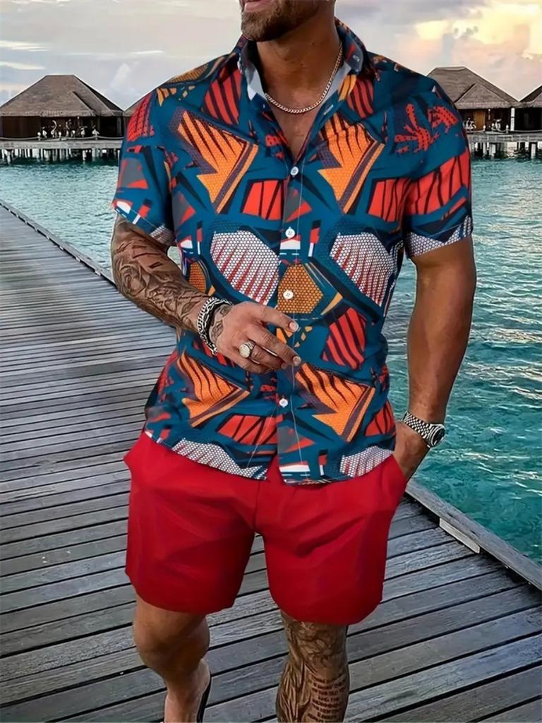Hawaii Geometric Print Men's Shirt Casual Fashion Short Sleeve Shirt Shorts Set Men's Lapel Top Drawstring Shorts Two Piece Set