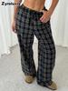 Autumn Winter New Fashion Casual Plaid Wide Leg Pants Women's School Season Christmas Daily Wear Outfit