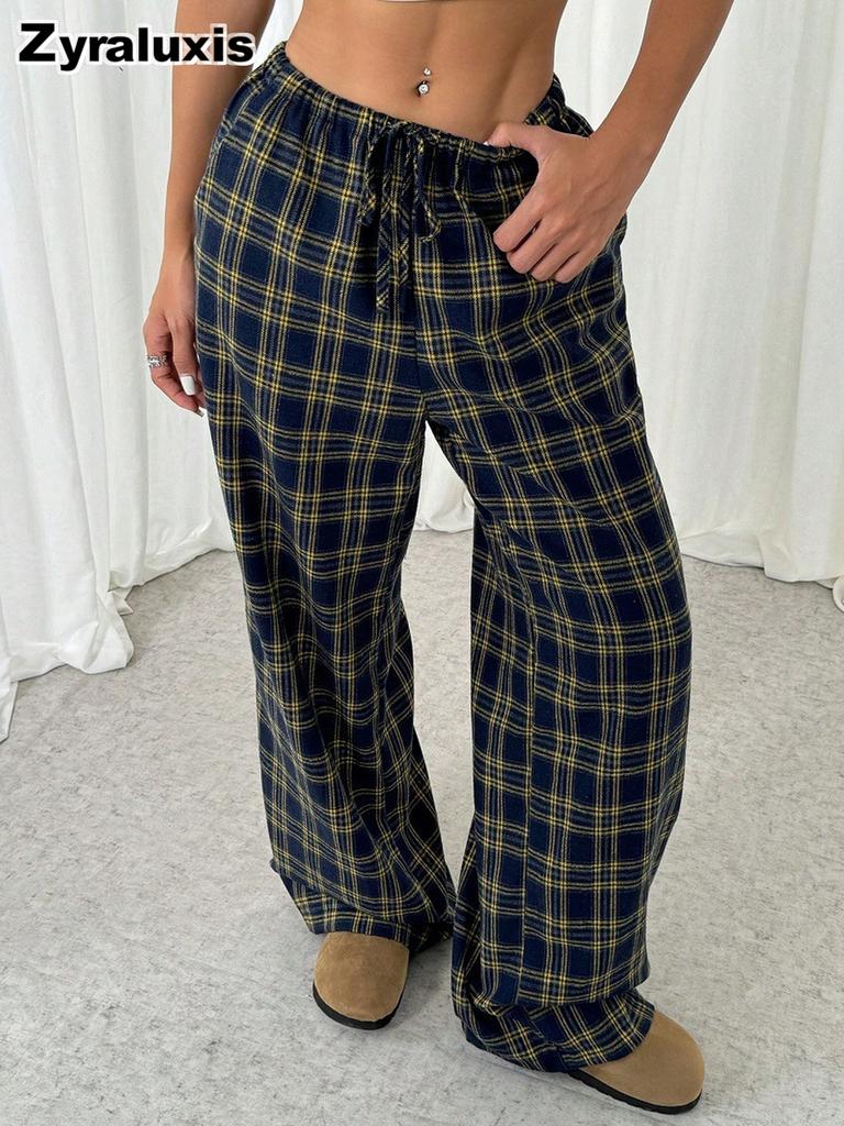 Autumn Winter New Fashion Casual Plaid Wide Leg Pants Women's School Season Christmas Daily Wear Outfit