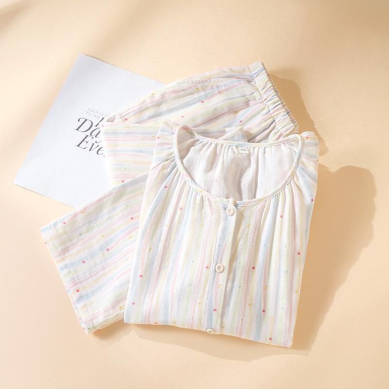 2026 Japanese New Women's Spring/Summer Pajama Set 100% Cotton Gauze Thin Long Sleeve Two Piece Home Clothes Cardigan Set