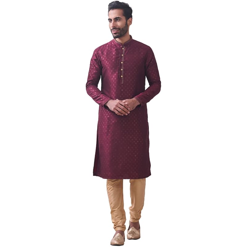 Manyavar Men's Royal Maroon Printed Kurta Set (2pcs) (Maroon,S)