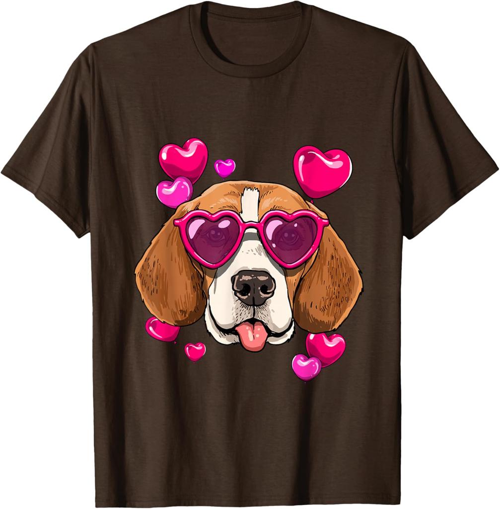 Beagle Heart Sunglasses Valentines Day Dog Lover Graphic Tee Casual Cotton T-Shirt