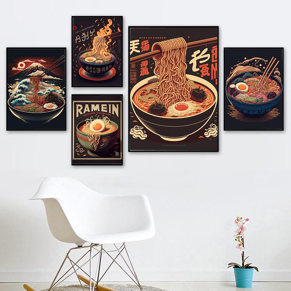 Ramen Japanese Food Wall Art Modern Vintage Cartoon Kitchen Decor Art Print Pictures Retro Funny Dining Room Canvas Painting