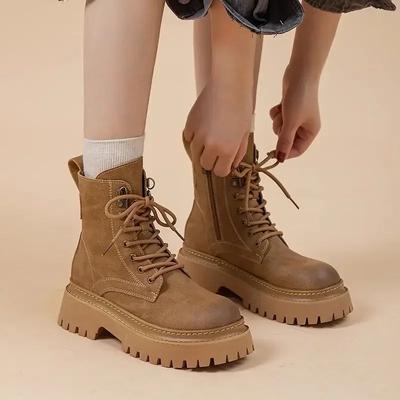 Klobige Biker Stiefeletten Plateau Damen Kurze Schuhe Leder Runde Zehenpartie Damen Knöchelstiefel Frühling 2024 im Angebot Herbst Trend Neu im Sortiment