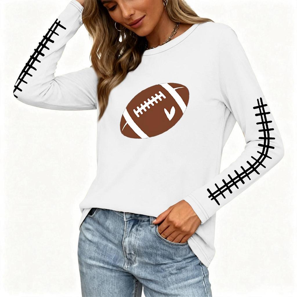 Women's Long Sleeve Neck Top with Rugby Print and Side Slit Hem