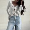 Ruffle Edge Splicing Lace-up Short Shirt Sexy Strap Tie Spicy Girl Top Long Sleeved Solid Color Falred Long Sleeve T-shirt Streetwear Slim Fit Blouse