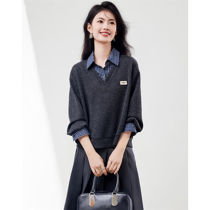 Xinfeiyu Women's Faux Two-Piece Patchwork Loose Sweatshirt