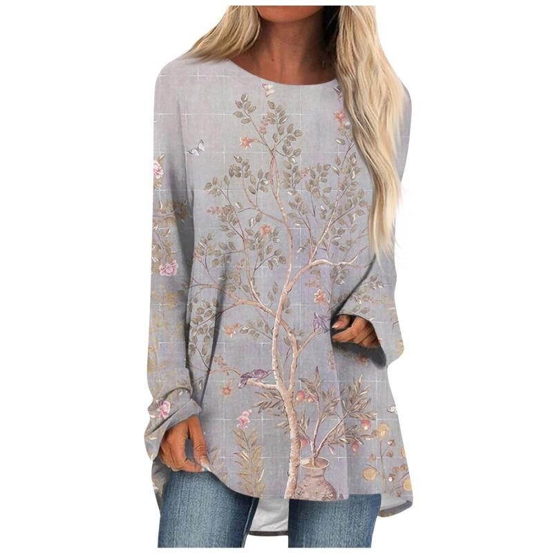 Damen Casual Mode Floral Print Langarm O-Ausschnitt Pullover Top Bluse T-Shirts Damen
