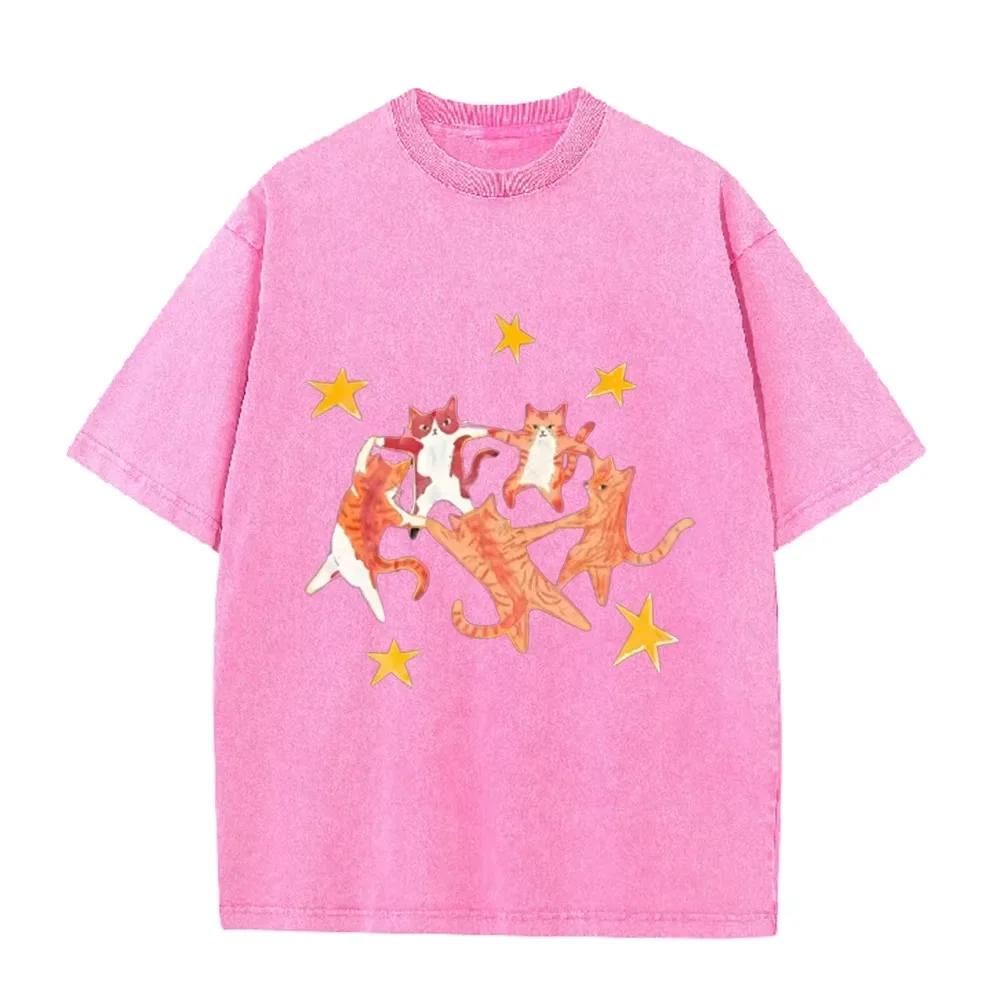 T-shirt Casual Mignon Animal Graphique Étoiles Violet Lavé Vintage Chats Orange Dansants