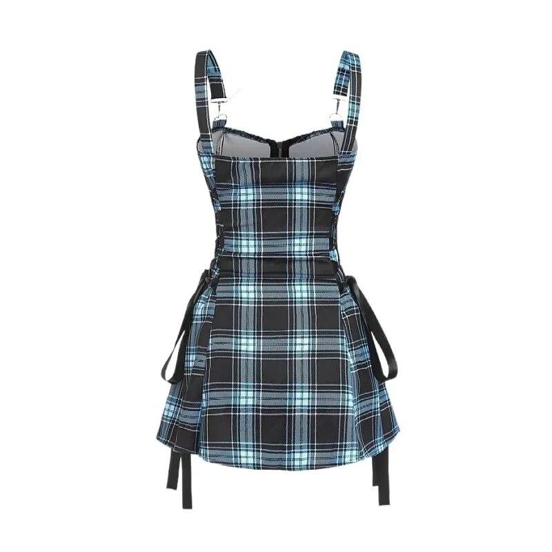 Abito Mini Vintage Punk Harajuku Lolita Gotico a Quadri con Lacci Y2K Zip Sexy A-Line Quotidiano da Donna Senza Maniche Streetwear