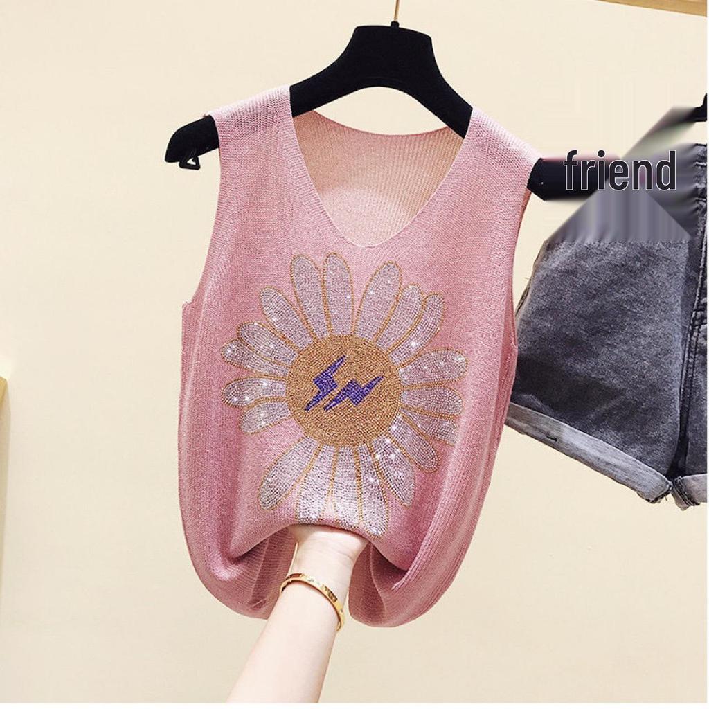 2023 Shiny Silk Sleeveless V-Neck Women's Vest - Spring/Summer New Style, Loose Fit with Hot Diamond Sling Knitted Design