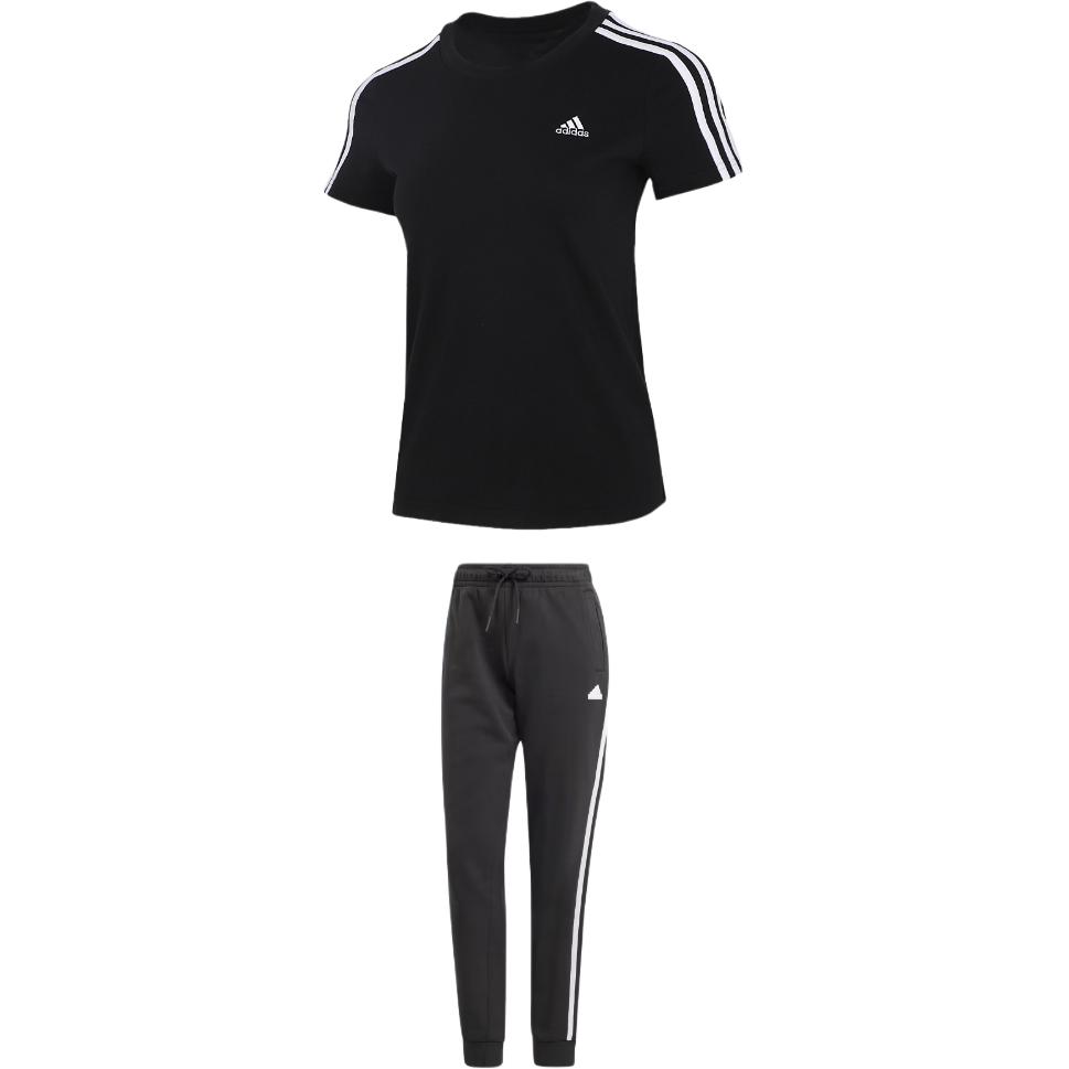 

Adidas Striped Design Breathable Quick-Dry Short Sleeve T-Shirt And High-Waisted Tied Long Pants Casual Set Women Sets Black GL0784+IN9479 S