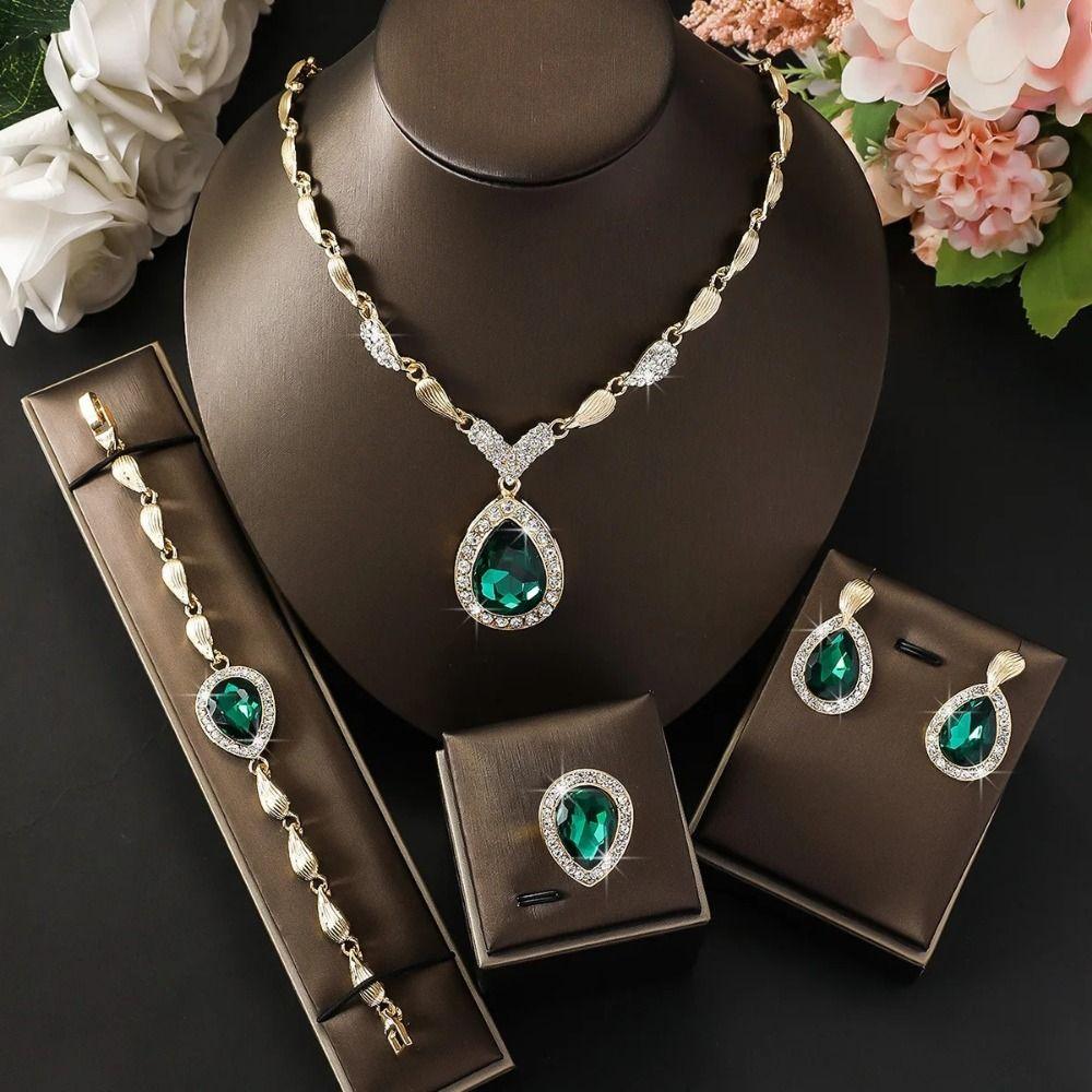 Water Drop Pendant Rhinestone Inlaid Jewelry Set Bracelet Ring Women Jewelry Set  Bridal