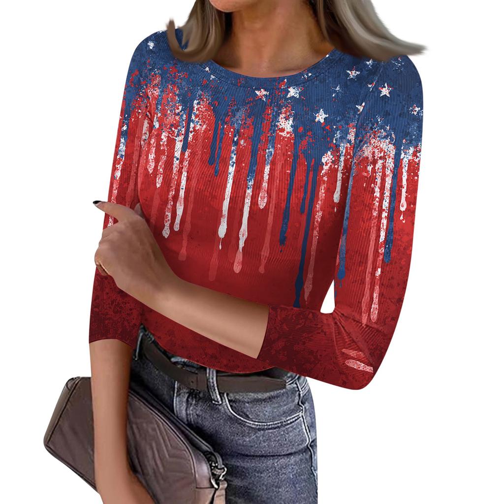 Women's Casual Fashion Round Neck Independence Day Print Three-Quarter Sleeve Ribbed Top