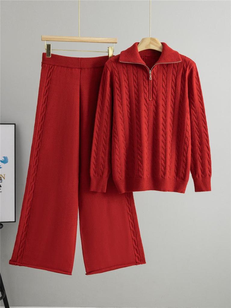 Women's Versatile Autumn/Winter Half-Zip Knit Top and Wide-Leg Pants Set