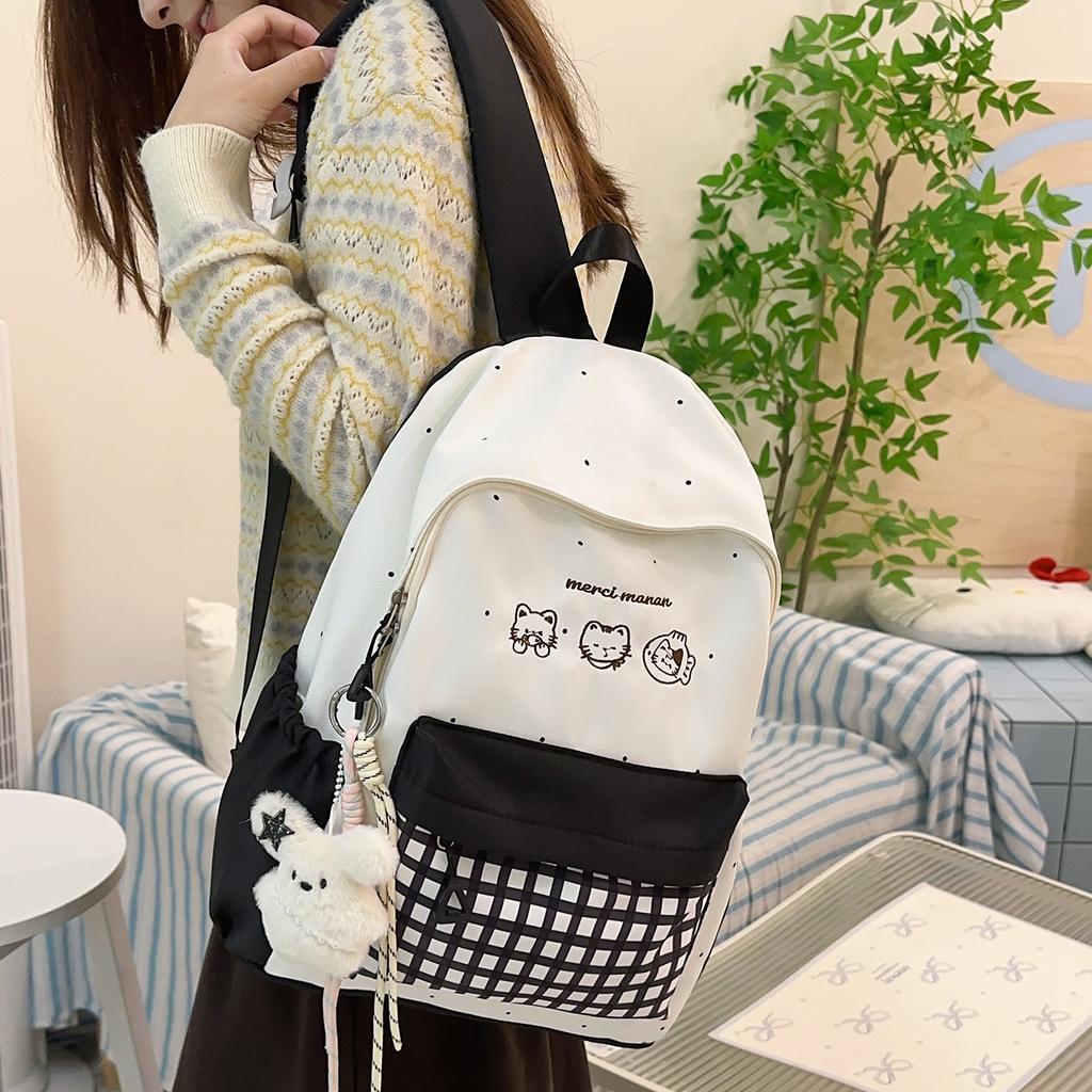 Schoolbag Checked Cat Pastoral School Bag Female Japanese Fashion Niche Middle School Student Fashion Backpack Casual Versatile Backpack