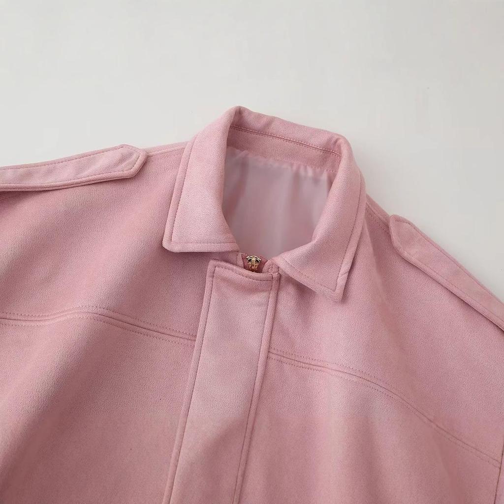 Spring 2025 Women's Fashion European and American Style Suede Short Turn-Down Collar Jacket