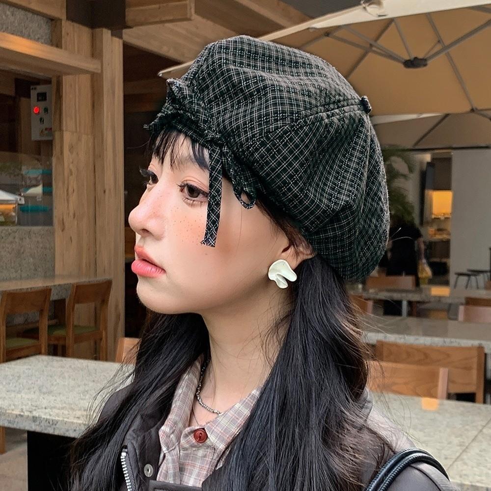 Korean Style Women Painter Hat Bow Women Octagonal Cap Sweet Plaid Beret Hat  Girl