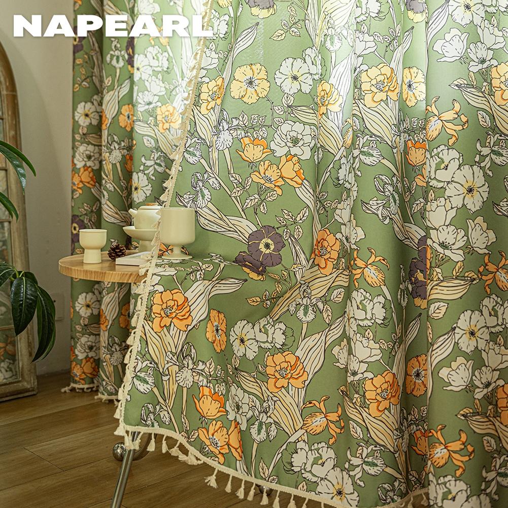 1PC NAPEARL French Retro Floral Printed Curtains Pastoral Style Tassel Edge Semi Blackout Curtains for Bedroom Living Room Window Home Decor