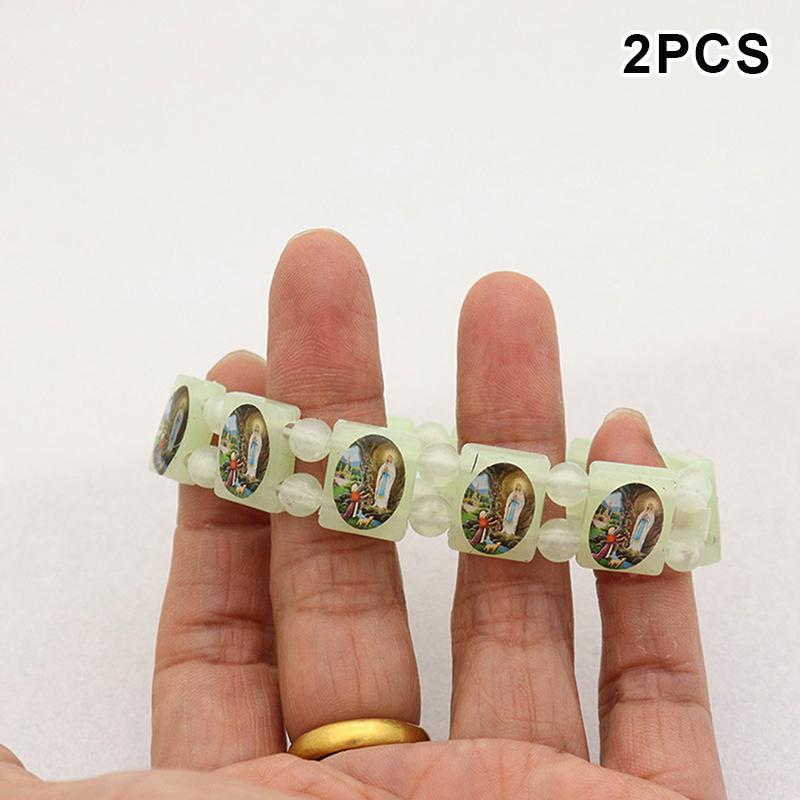 2Pcs Vintage Jesus And Virgin Mary Pvc Rosary Bead Bracelet With Elastic Band Religious Image Stickers For Daily Wear Parties