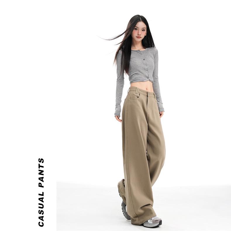Women's American Retro Wide-Leg High-Waist Khaki Jeans - Versatile Plus Size, Autumn 2025 Collection
